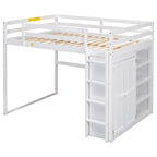 Cama alta de madera tamaño Full blanca con armario integrado, estantes de almacenamiento y luz LED