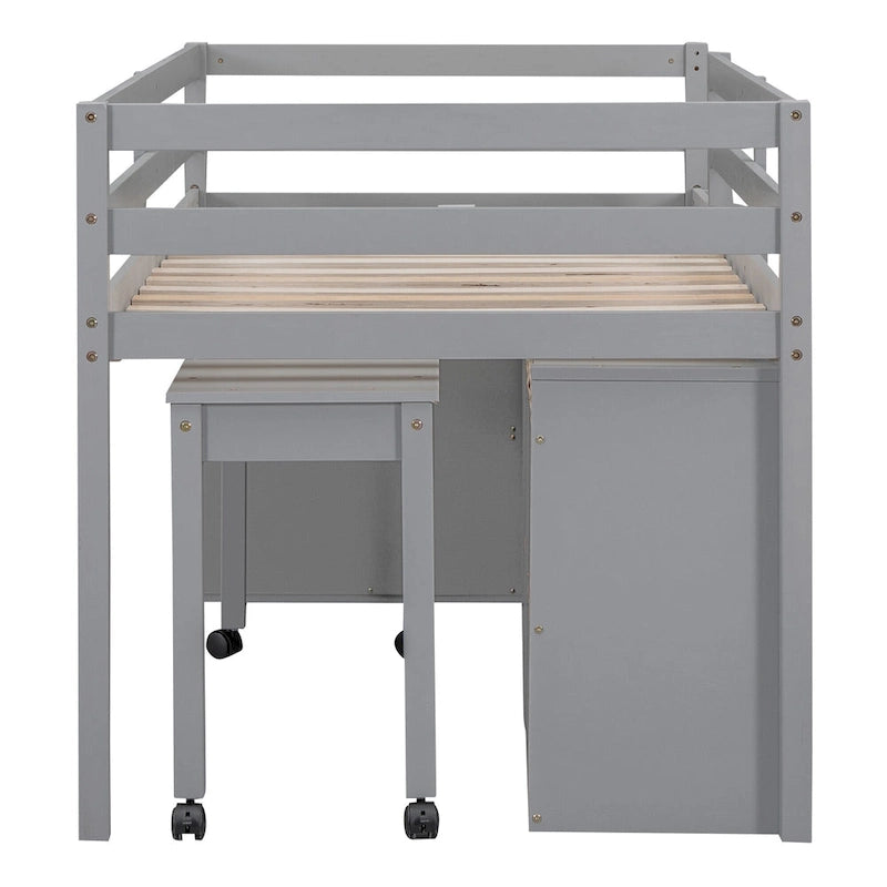 Hochbett aus Massivholz in Twin-Größe mit ausziehbarem Schreibtisch und Schubladen