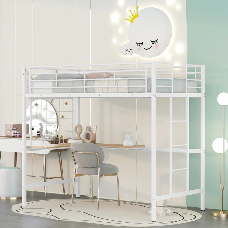 Cama alta metálica tamaño Twin con escritorio, escalera y rejilla metálica para niños, adolescentes, niñas y niños