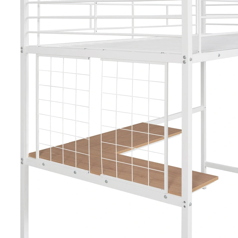 Cama alta metálica tamaño Twin con escritorio, escalera y rejilla metálica para niños, adolescentes, niñas y niños