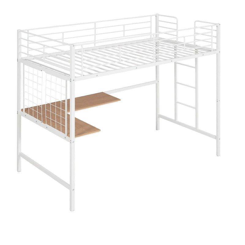 Cama alta metálica tamaño Twin con escritorio, escalera y rejilla metálica para niños, adolescentes, niñas y niños