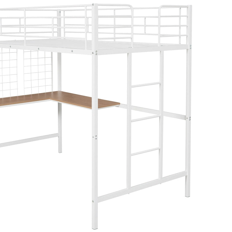 Cama alta metálica tamaño Twin con escritorio, escalera y rejilla metálica para niños, adolescentes, niñas y niños