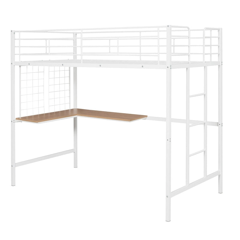 Cama alta metálica tamaño Twin con escritorio, escalera y rejilla metálica para niños, adolescentes, niñas y niños