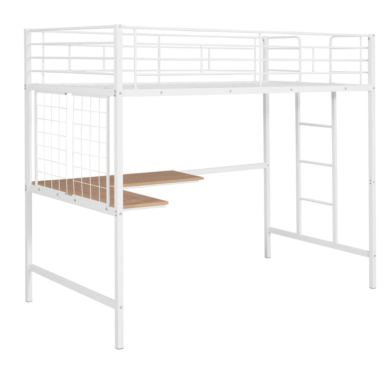 Cama alta metálica tamaño Twin con escritorio, escalera y rejilla metálica para niños, adolescentes, niñas y niños
