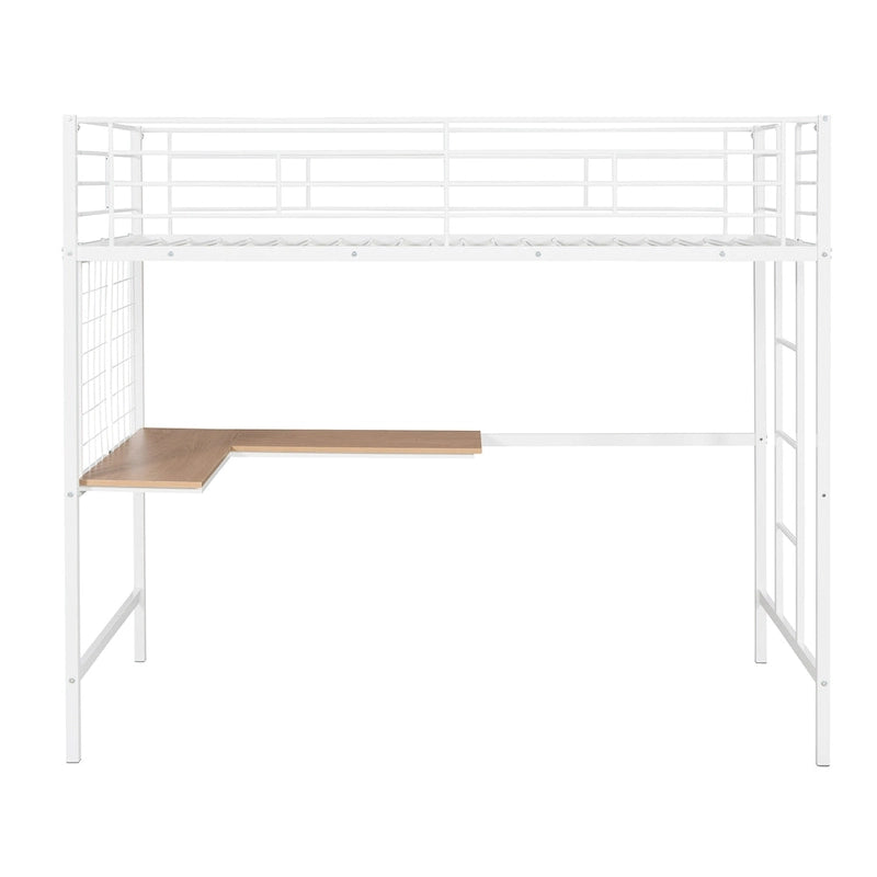 Cama alta metálica tamaño Twin con escritorio, escalera y rejilla metálica para niños, adolescentes, niñas y niños