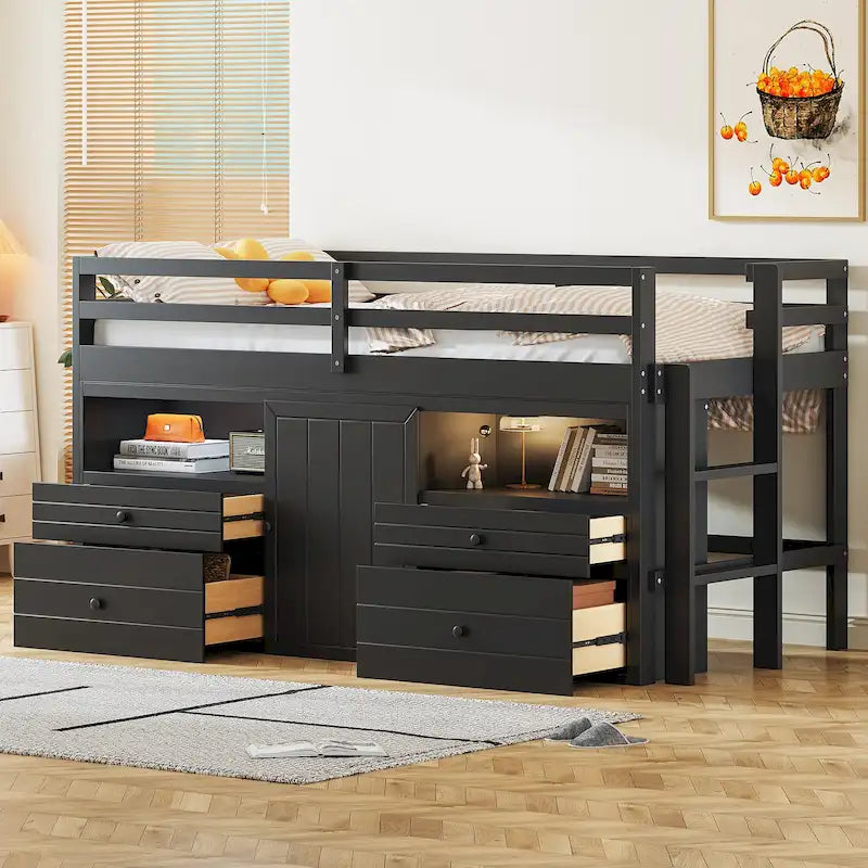 Cama alta de madera maciza tamaño Twin color espresso con cajones y armarios