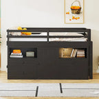 Lit mezzanine Twin en bois massif couleur Espresso avec tiroirs et armoires