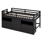 Lit mezzanine Twin en bois massif couleur Espresso avec tiroirs et armoires