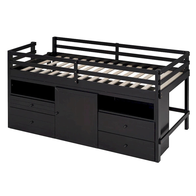 Cama alta de madera maciza tamaño Twin color espresso con cajones y armarios