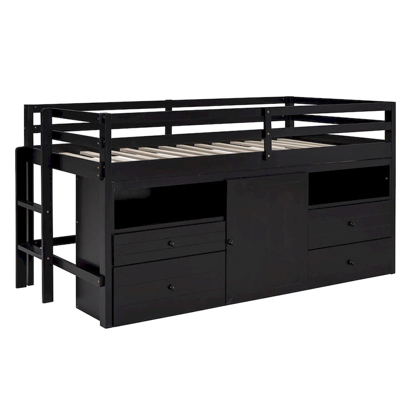 Cama alta de madera maciza tamaño Twin color espresso con cajones y armarios
