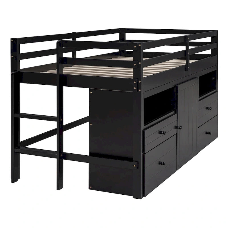 Lit mezzanine Twin en bois massif couleur Espresso avec tiroirs et armoires
