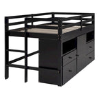 Lit mezzanine Twin en bois massif couleur Espresso avec tiroirs et armoires