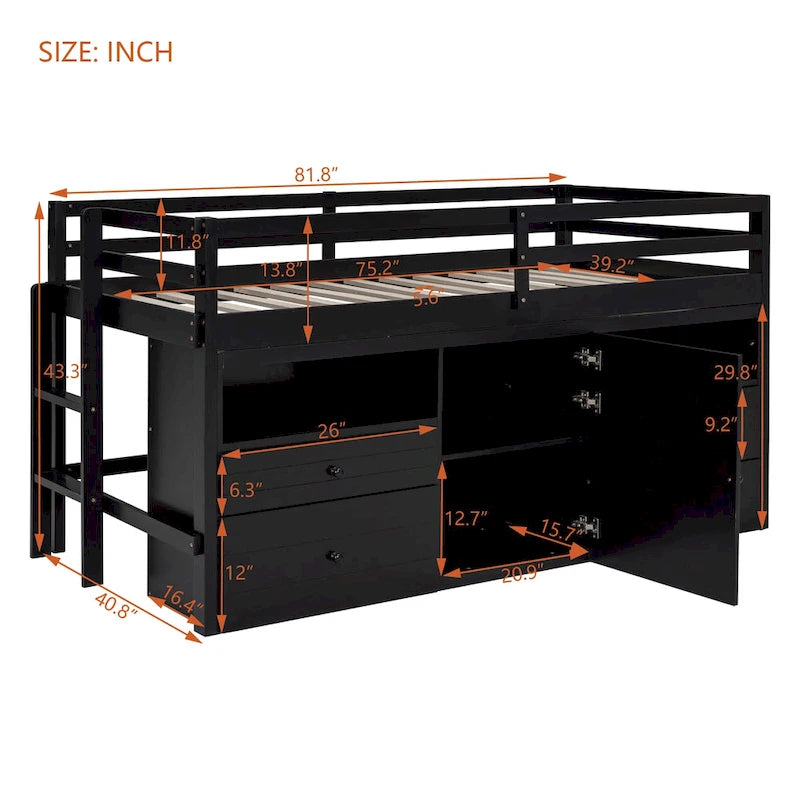 Lit mezzanine Twin en bois massif couleur Espresso avec tiroirs et armoires