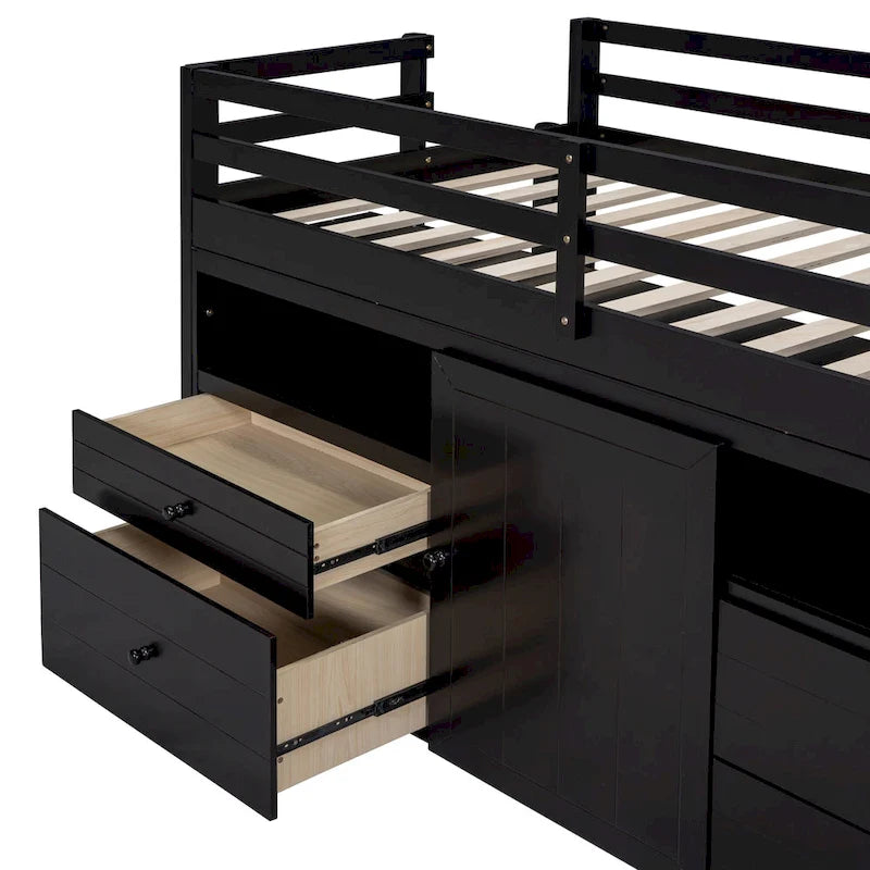 Lit mezzanine Twin en bois massif couleur Espresso avec tiroirs et armoires