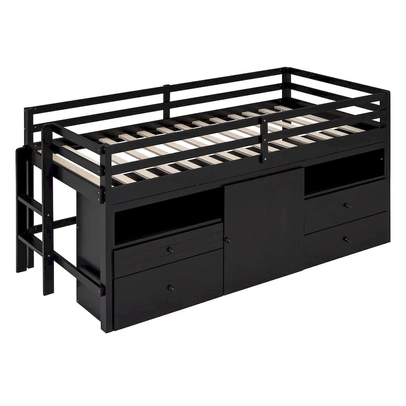 Lit mezzanine Twin en bois massif couleur Espresso avec tiroirs et armoires