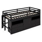 Lit mezzanine Twin en bois massif couleur Espresso avec tiroirs et armoires