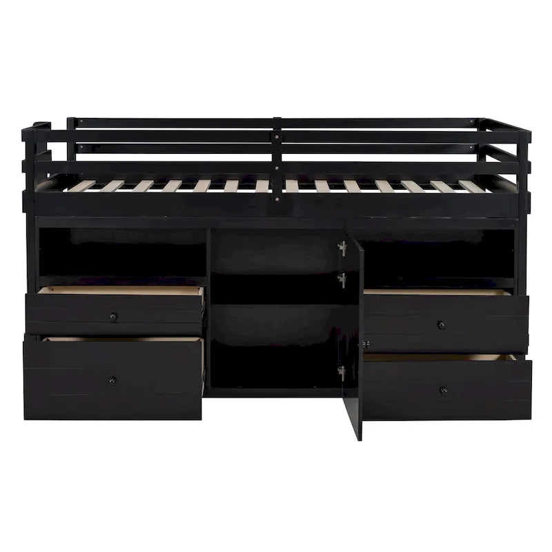 Lit mezzanine Twin en bois massif couleur Espresso avec tiroirs et armoires