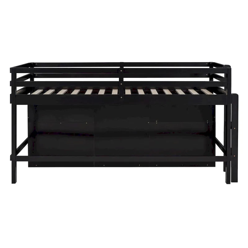 Lit mezzanine Twin en bois massif couleur Espresso avec tiroirs et armoires