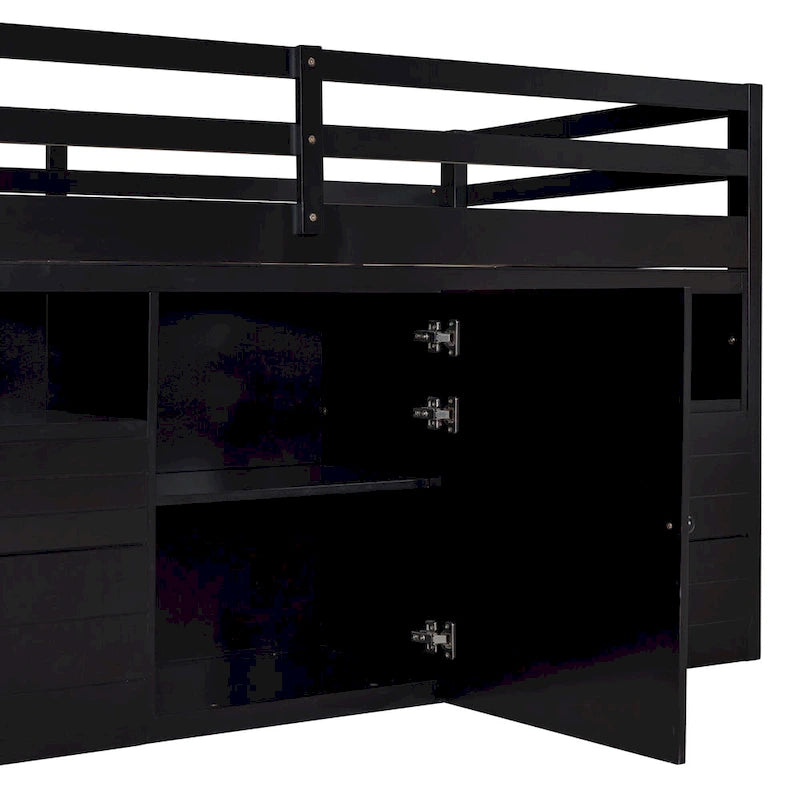 Lit mezzanine Twin en bois massif couleur Espresso avec tiroirs et armoires