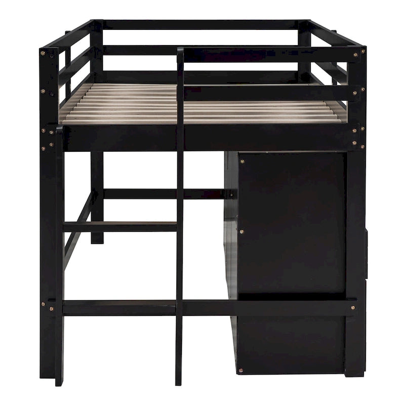 Lit mezzanine Twin en bois massif couleur Espresso avec tiroirs et armoires