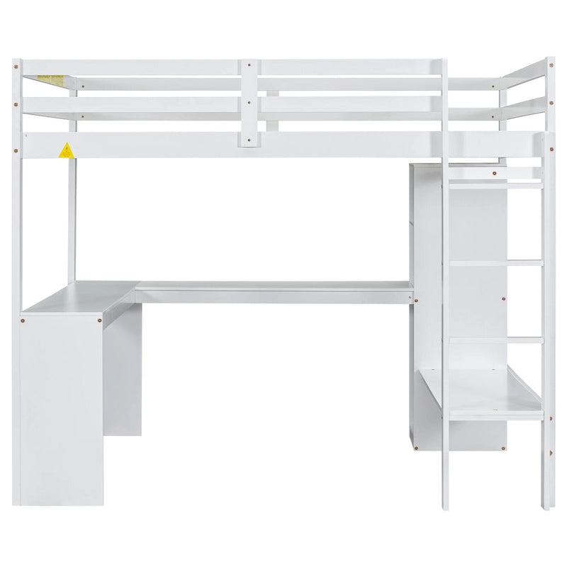Weißes Hochbett aus Massivholz in Full-Size mit L-förmigem Schreibtisch und Stauraum