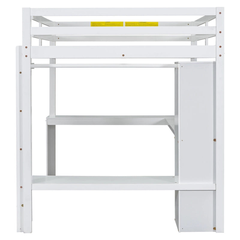 Weißes Hochbett aus Massivholz in Full-Size mit L-förmigem Schreibtisch und Stauraum