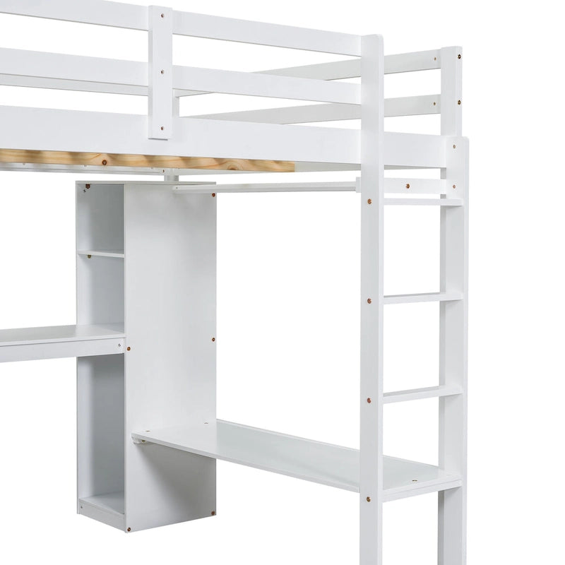 Weißes Hochbett aus Massivholz in Full-Size mit L-förmigem Schreibtisch und Stauraum