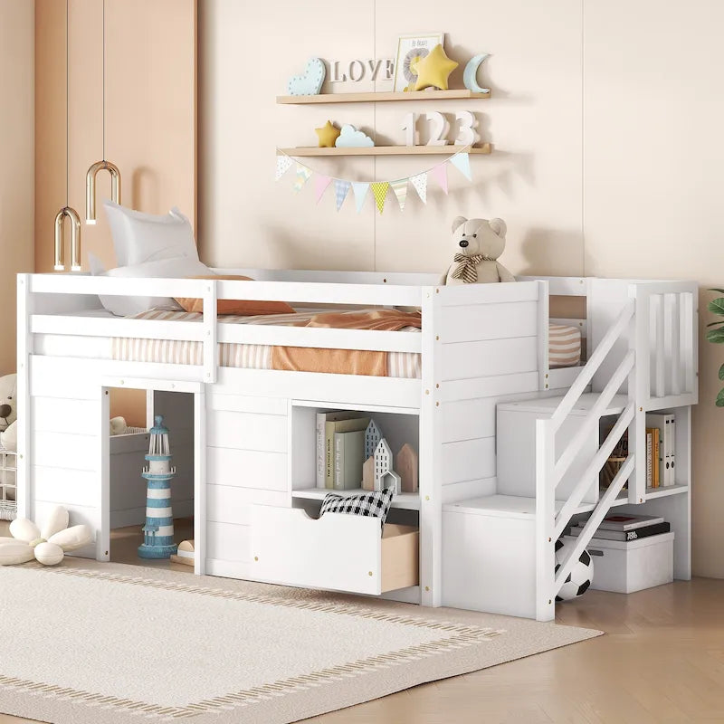 Cama alta de madera tamaño Twin blanca con estantes de almacenamiento y cajón