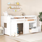 White Twin Wood Loft Bed with Storage Shelves, Drawers, and Desk