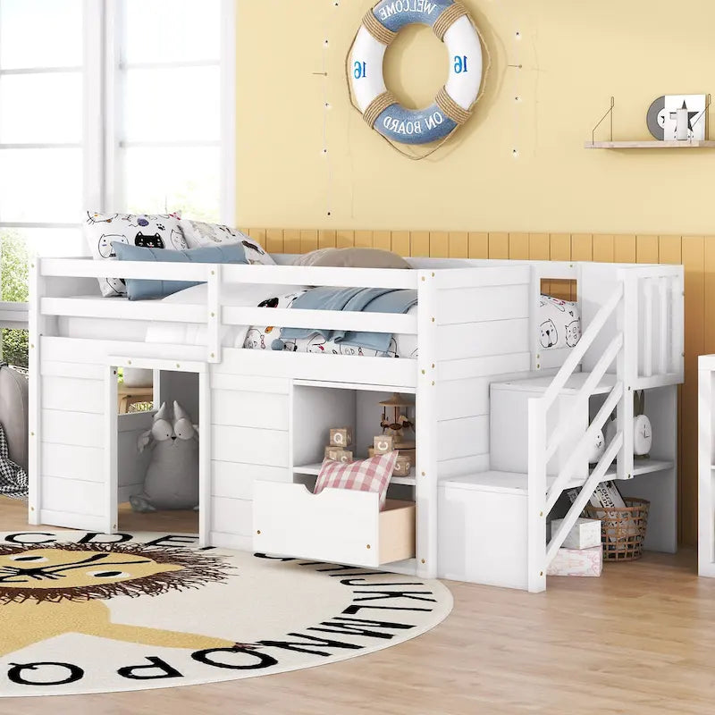 Cama alta de madera tamaño Twin blanca con estantes de almacenamiento y cajón