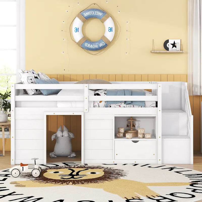Cama alta de madera tamaño Twin blanca con estantes de almacenamiento y cajón