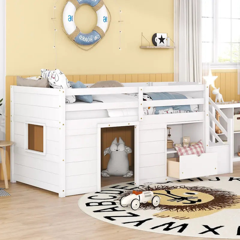 Cama alta de madera tamaño Twin blanca con estantes de almacenamiento y cajón