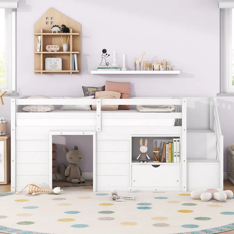 Cama alta de madera tamaño Twin blanca con estantes de almacenamiento y cajón