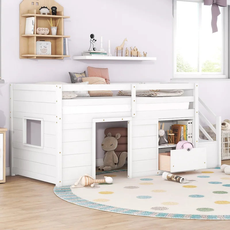 Cama alta de madera tamaño Twin blanca con estantes de almacenamiento y cajón