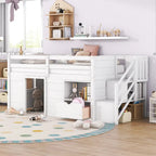 Cama alta de madera tamaño Twin blanca con estantes de almacenamiento y cajón