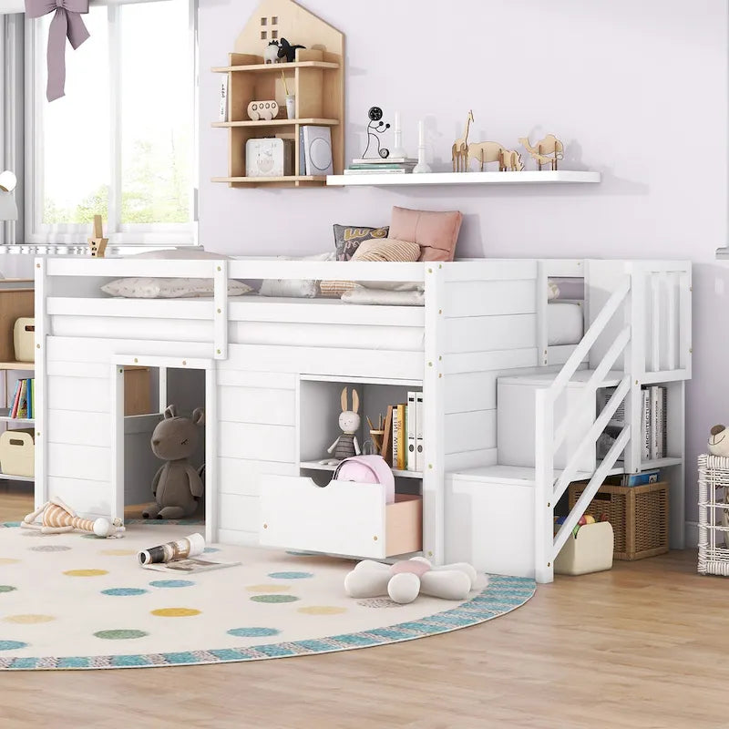 Cama alta de madera tamaño Twin blanca con estantes de almacenamiento y cajón