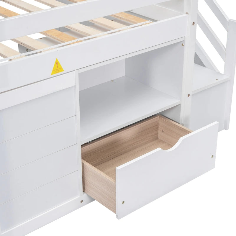 Cama alta de madera tamaño Twin blanca con estantes de almacenamiento y cajón