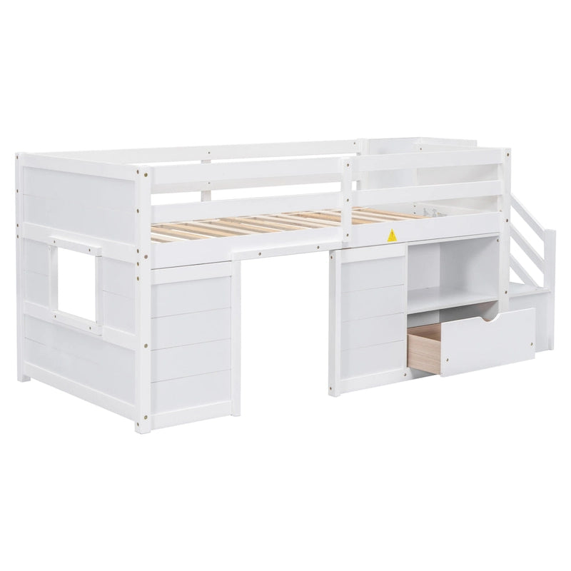Cama alta de madera tamaño Twin blanca con estantes de almacenamiento y cajón