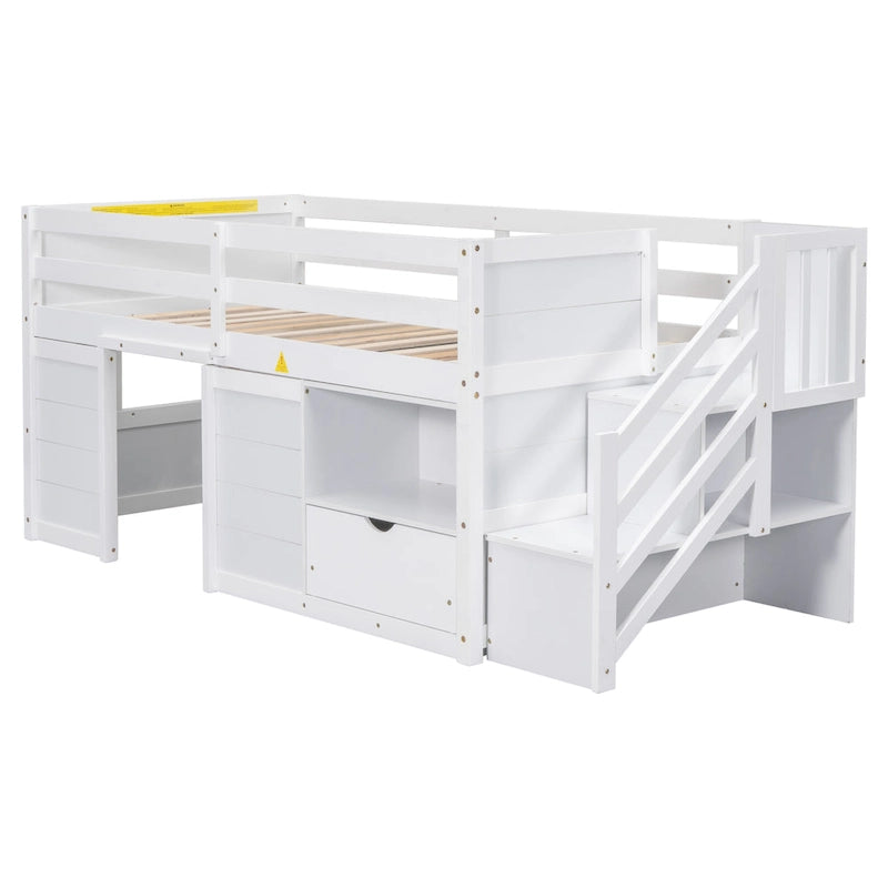 Cama alta de madera tamaño Twin blanca con estantes de almacenamiento y cajón