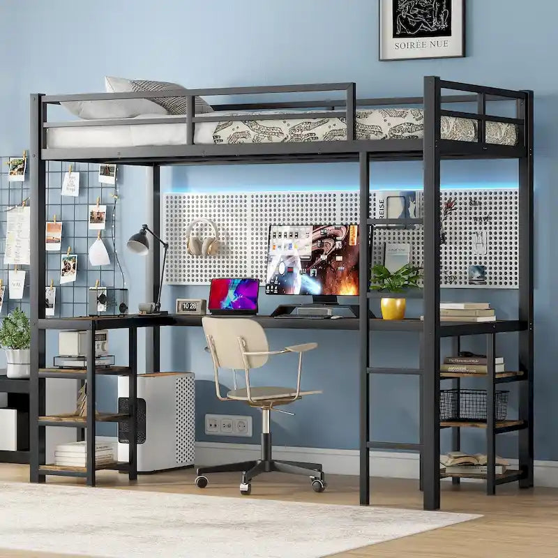Cama alta metálica negra tamaño Twin XL con escritorio, estantes, escalera y barandillas de seguridad