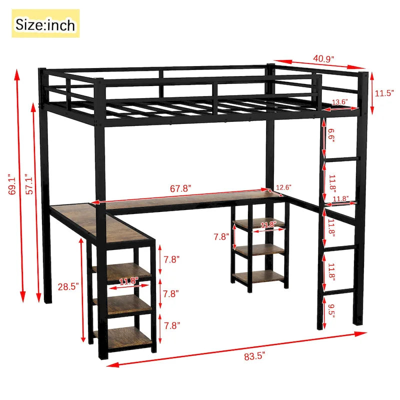 Cama alta metálica negra tamaño Twin XL con escritorio, estantes, escalera y barandillas de seguridad