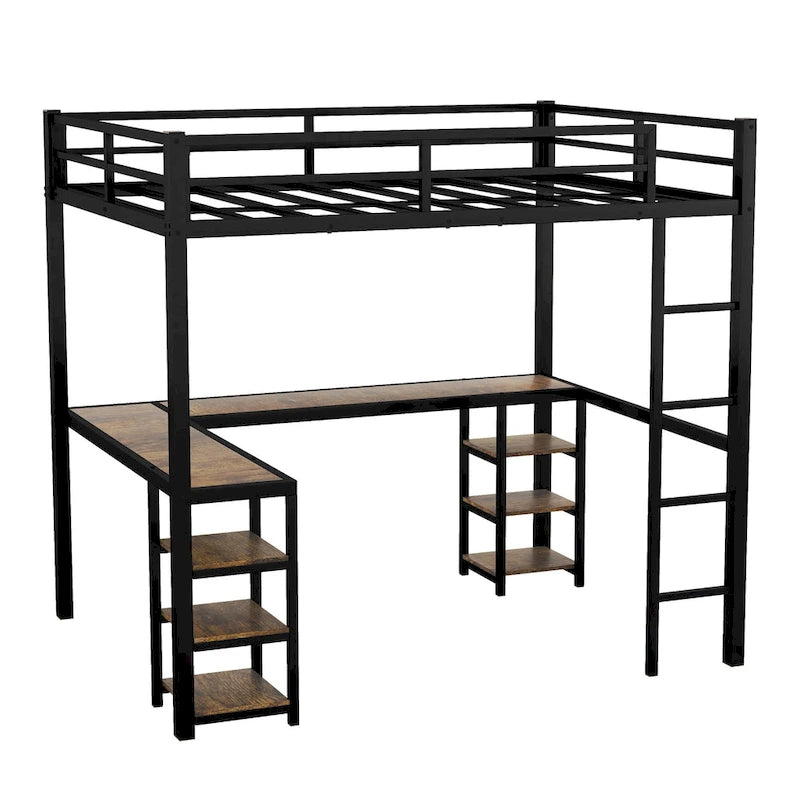Cama alta metálica negra tamaño Twin XL con escritorio, estantes, escalera y barandillas de seguridad
