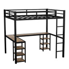 Cama alta metálica negra tamaño Twin XL con escritorio, estantes, escalera y barandillas de seguridad