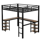 Cama alta metálica negra tamaño Twin XL con escritorio, estantes, escalera y barandillas de seguridad