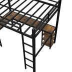Cama alta metálica negra tamaño Twin XL con escritorio, estantes, escalera y barandillas de seguridad