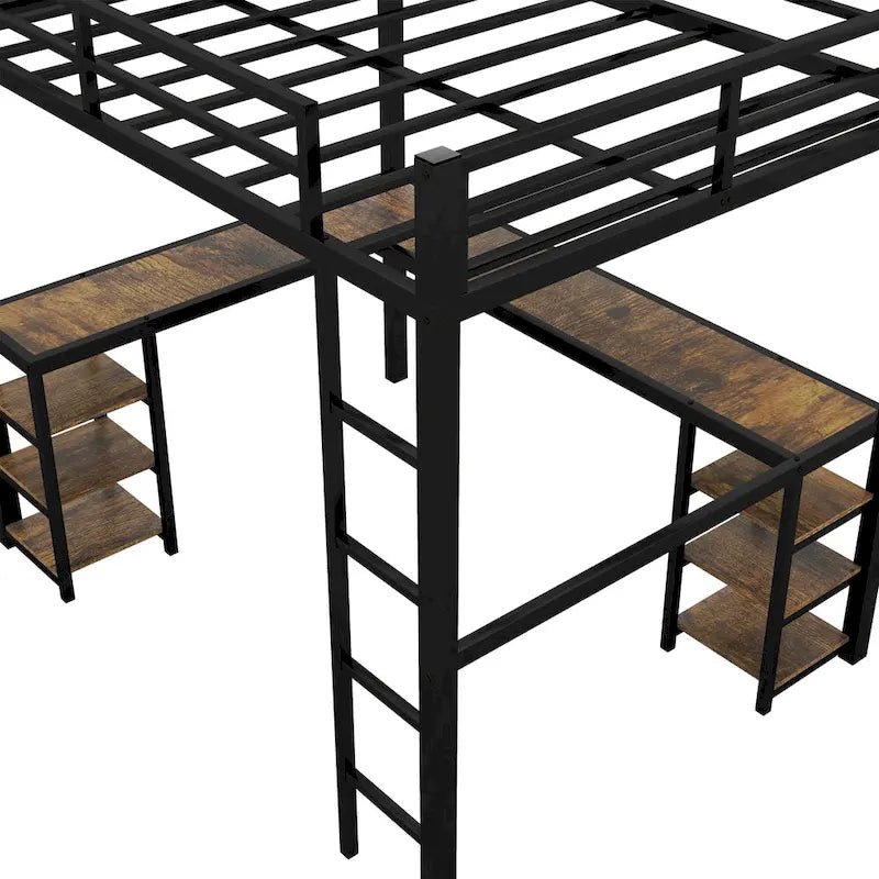Cama alta metálica negra tamaño Twin XL con escritorio, estantes, escalera y barandillas de seguridad