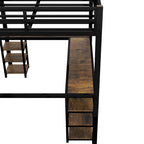 Cama alta metálica negra tamaño Twin XL con escritorio, estantes, escalera y barandillas de seguridad