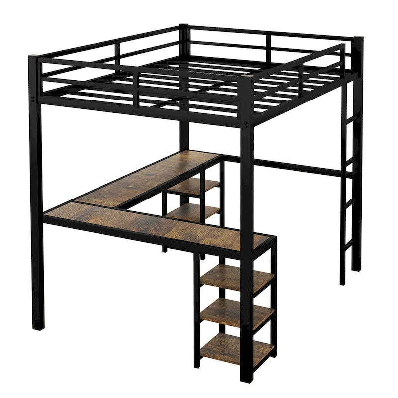 Cama alta metálica negra tamaño Twin XL con escritorio, estantes, escalera y barandillas de seguridad