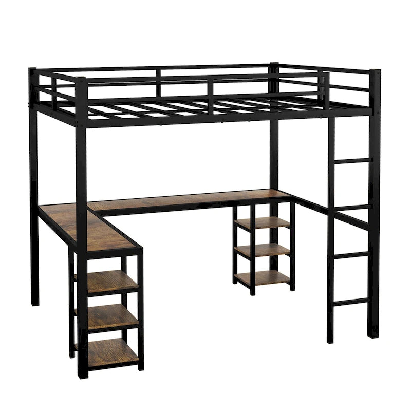 Cama alta metálica negra tamaño Twin XL con escritorio, estantes, escalera y barandillas de seguridad