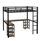 Cama alta metálica negra tamaño Twin XL con escritorio, estantes, escalera y barandillas de seguridad